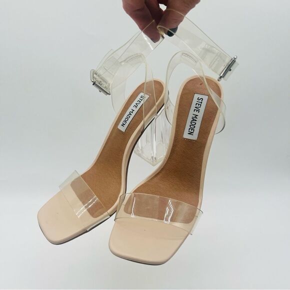 STEVE MADDEN Women's Hundred Clear Block Sandal in Nude - Picture 4 of 10